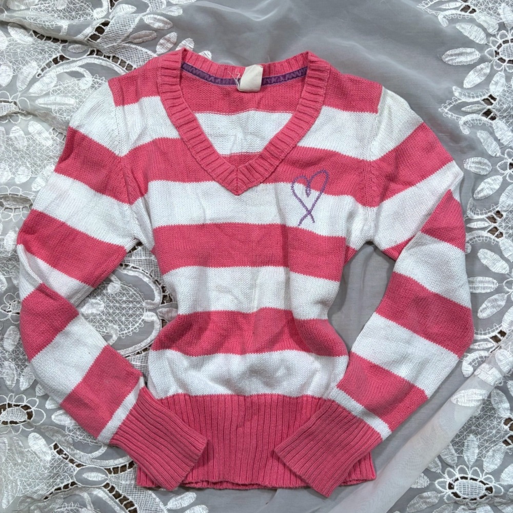 Y2K Preppy Old Navy Pink White Striped V-Neck Heart Sweater XXS